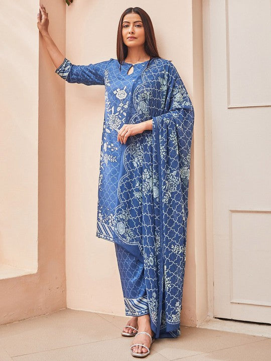 Biba Women Floral Printed Regular Kurta with Trousers & With Dupatta - Blue