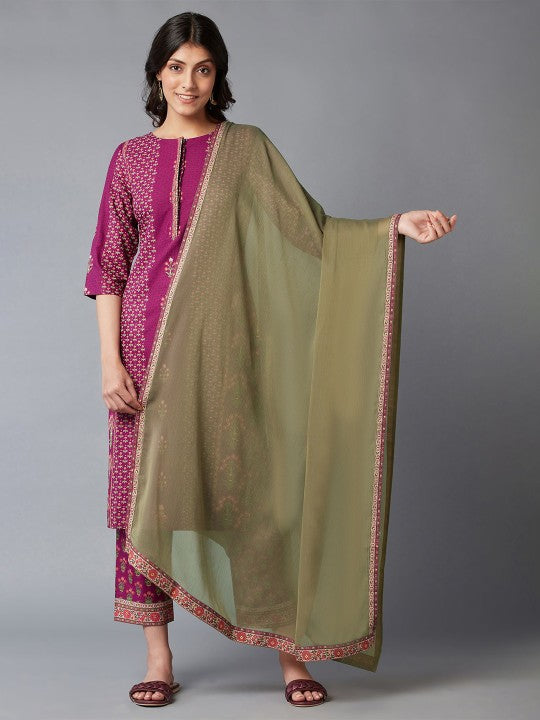 W Green & Gold-Toned Solid Dupatta