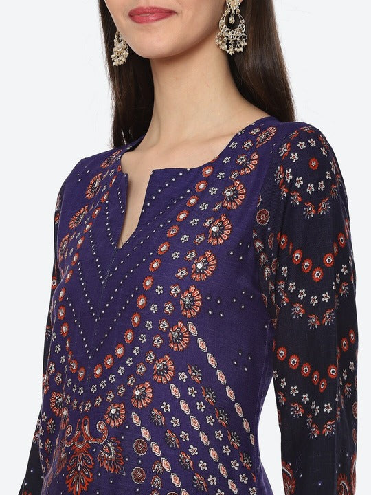 Biba Women Navy Blue Ethnic Motifs Printed Mirror Work Kurta