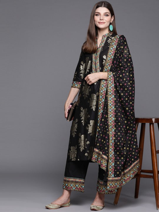 Biba Women Black Floral Regular Pure Cotton Kurta with Palazzos & With Dupatta