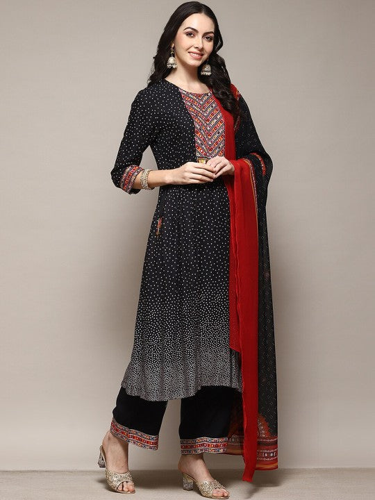 Biba Ethnic Motifs Embroidered Mirror Work A-Line Kurta with Trousers And Dupatta