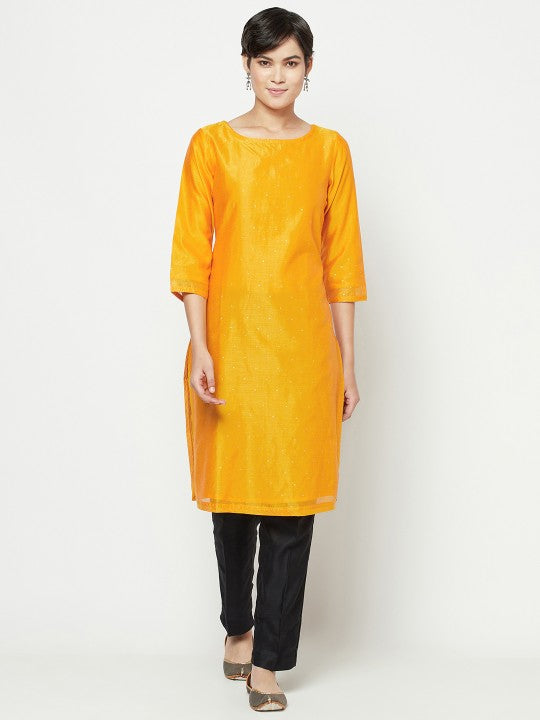 Fabindia Women Mustard Yellow & Golden Hand Block Printed Kurta