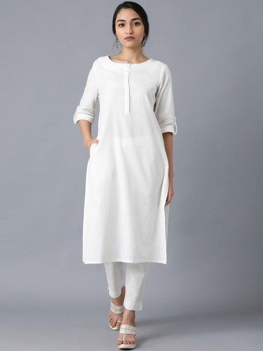 W Women Off White Solid Kurta