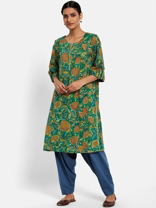 Fabindia Women Green Floral Printed Cotton Kurta