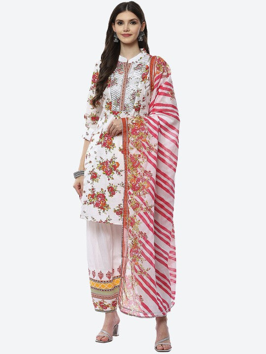 Biba Women White Floral Printed Kurta with Dhoti Pants & With Dupatta