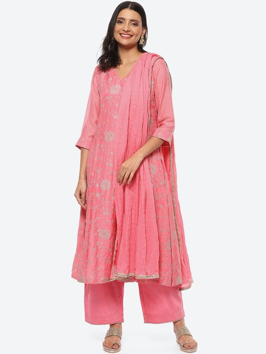 Biba Women Ethnic Motifs Embroidered Chanderi Silk Kurta with Palazzos & Dupatta