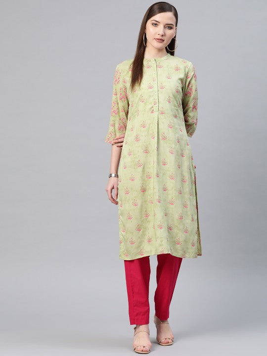 W Women Green & Pink Printed Straight Kurta
