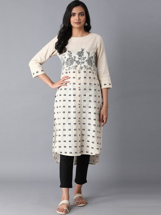 W Women Beige & Black Floral Printed Kurta