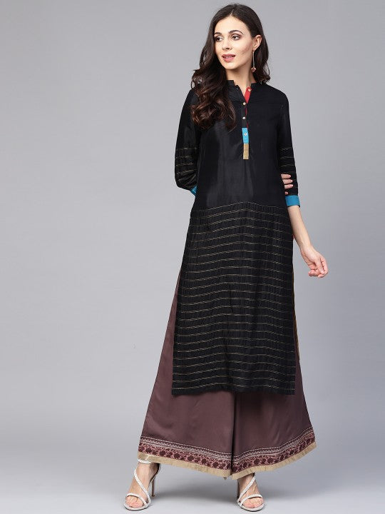 W Women Black & Beige Self Striped Straight Kurta