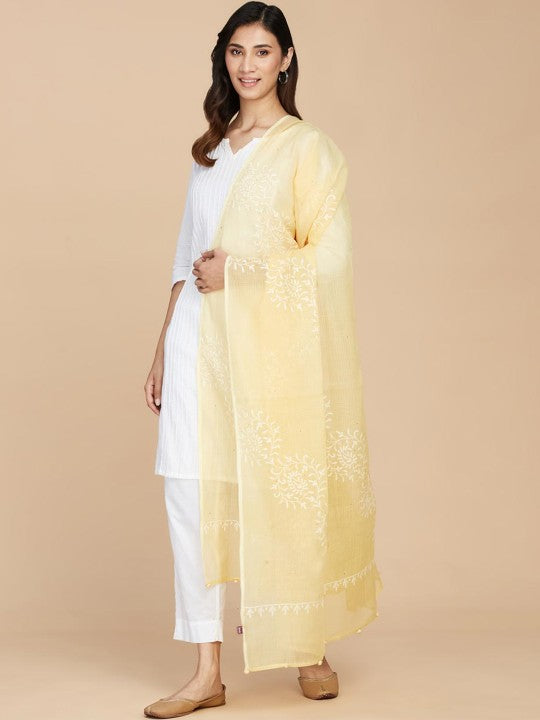 Fabindia Ethnic Motifs Embroidered Dupatta - Yellow