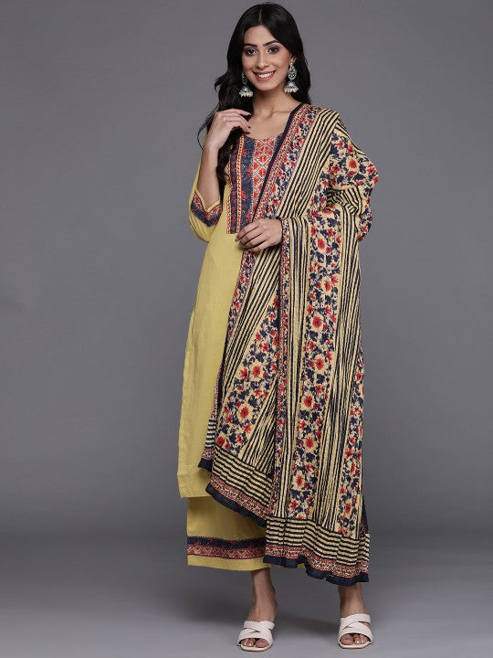 Biba Women Mustard Yellow Ethnic Motifs Printed Pure Cotton Kurta with Palazzos & With Dupatta