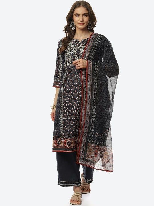 Biba Women Ethnic Motifs Printed Thread Work Kurta with Trousers & Dupatta