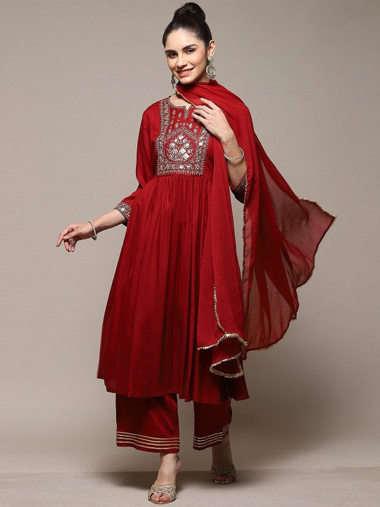 Biba Ethnic Motifs Embroidered Round Neck Kurta & Palazzos with Dupatta