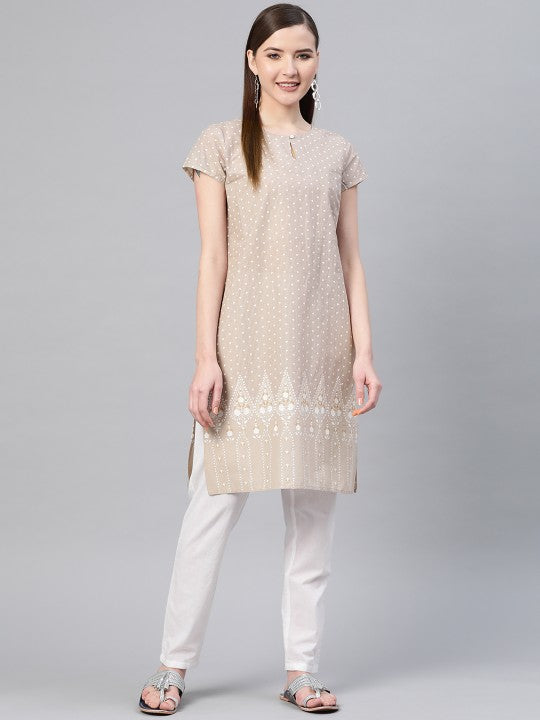 W Straight Cotton Kurta - Beige & White
