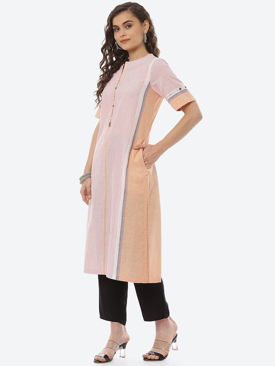 Biba Women Peach-Coloured Striped Thread Work Kurta