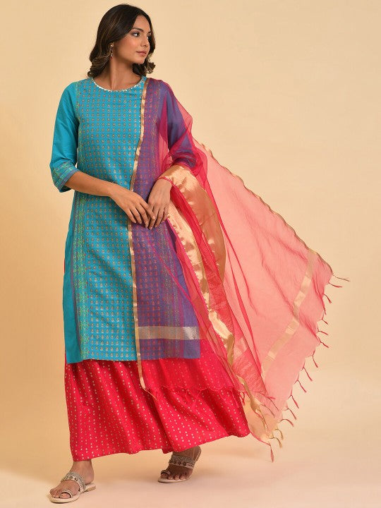 W Pink & Gold-Toned Tasseled Zari Dupatta