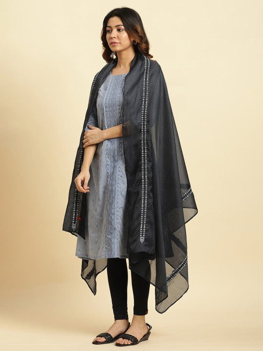 W Navy Blue Thread Work Dupatta