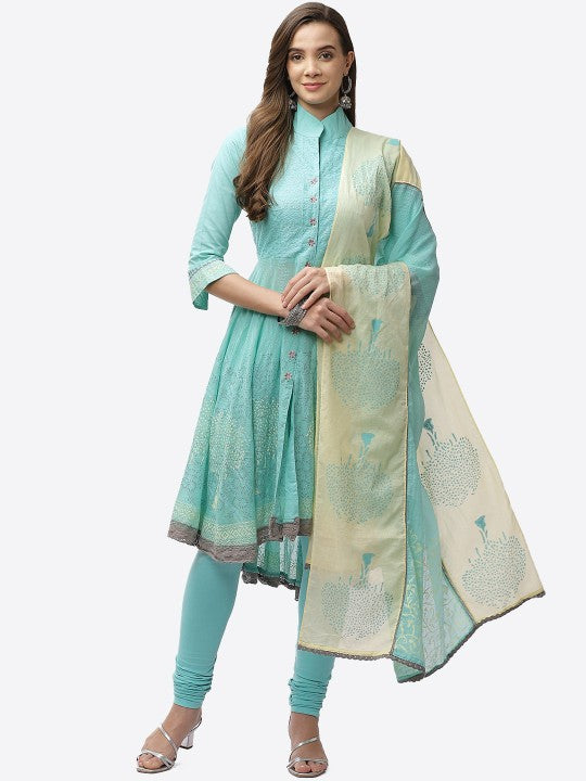 Biba Women Turquoise Blue Ethnic Motifs Empire Kurta With Dupatta