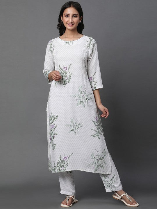 W Floral Print Rayon Co-Ord Kurta Set With Straight Pant