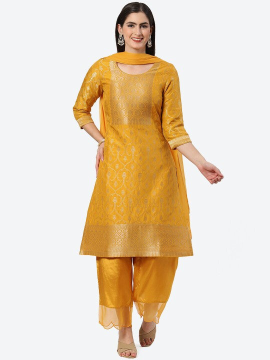 Biba Plus Size Ethnic Motifs Woven Design Kurta with Palazzos & Dupatta