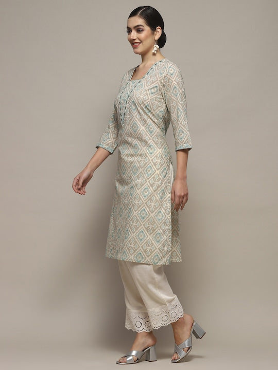 Biba Ethnic Motifs Printed V-Neck Thread Work Straight Kurta