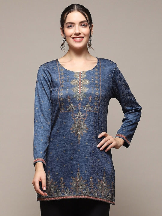 Biba Ethnic Motifs Self Design Knitted Sequined Straight Kurti - Blue