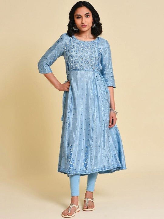 W Ethnic Motifs Floral Printed Sequinned A-Line Kurta With Leggings