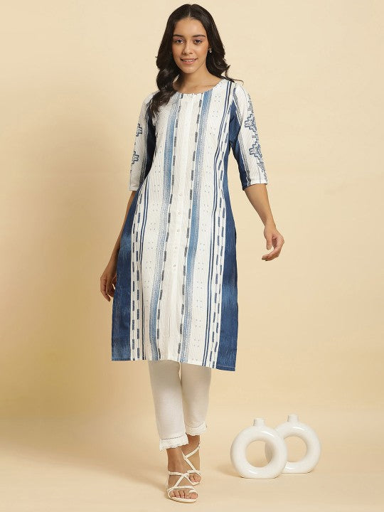 W Geometric Printed Round Neck Straight Pure Cotton Kurta