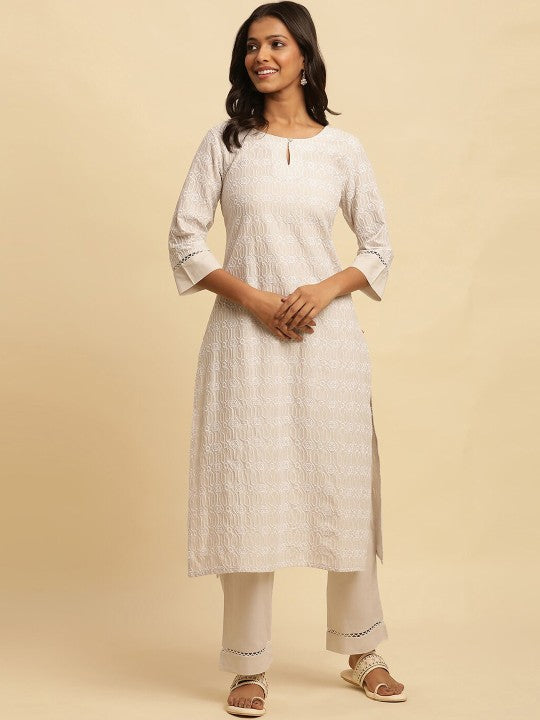 W Embroidered Keyhole Neck Pure Cotton Straight Kurta With Trouser