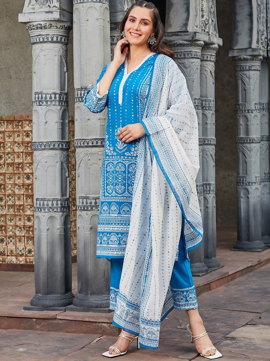 Biba Floral Printed Pure Cotton Straight Kurta With Trousers & Dupatta