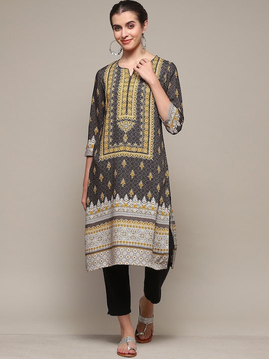 Biba Ethnic Motifs Printed Straight Kurta - Charcoal