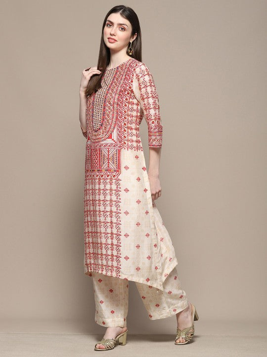 Biba Ethnic Motifs Printed Thread Work Straight Kurta With Palazzos - Beige & Red