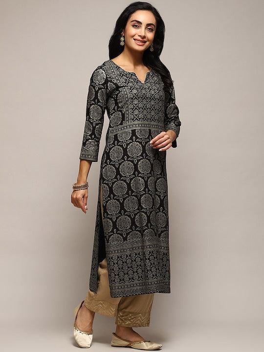 Biba Ethnic Motifs Printed Kurta - Black & White