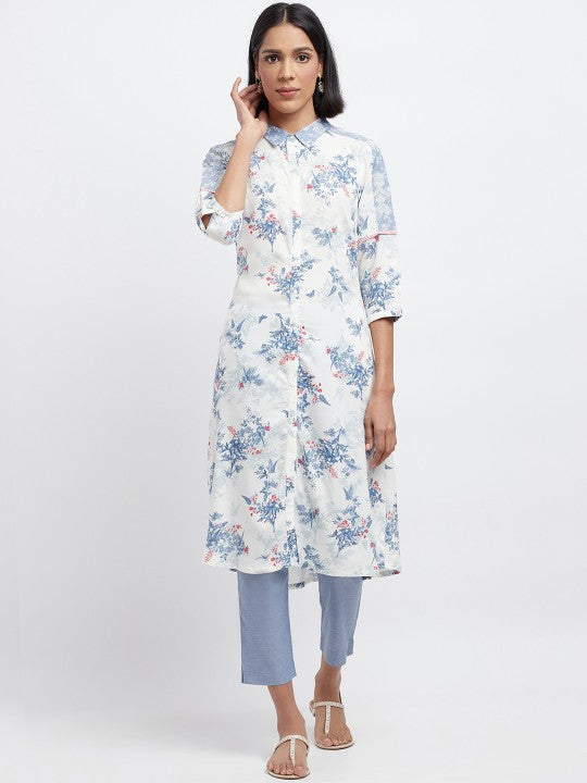 W Women Floral Printed Shirt Collar Kurta