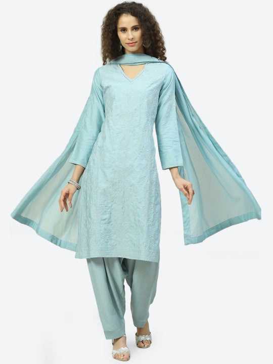 Biba Women Blue Embroidered Kurta with Salwar With Dupatta