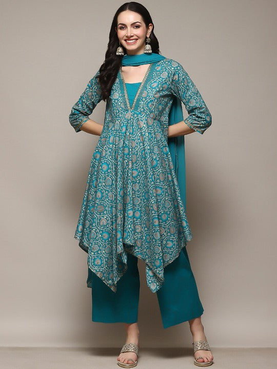 Biba Ethnic Motifs Printed Beads and Lace Detail A-Line Kurta with Palazzos And Dupatta