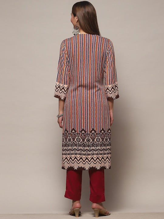 Biba Ethnic Motifs Printed Straight Kurta - Brown