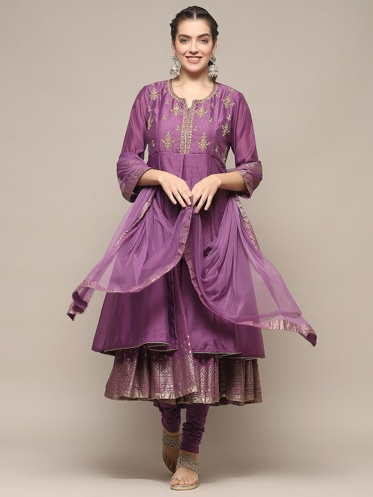 Biba Ethnic Motifs Embroidered Zardozi Empire Anarkali Kurta with Churidar & Dupatta