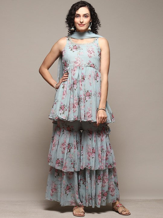 Biba Floral Printed Sleeveless Kurta with Sharara & Dupatta