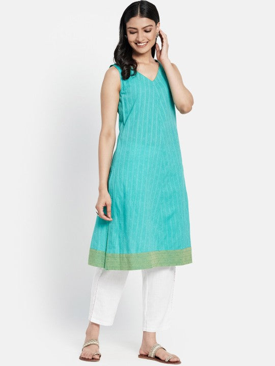 Fabindia Women Green Striped Thread Work Kurta