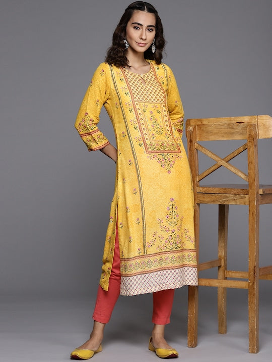 Biba Women Mustard Yellow & Pink Ethnic Motifs Printed Keyhole Neck Straight Kurta