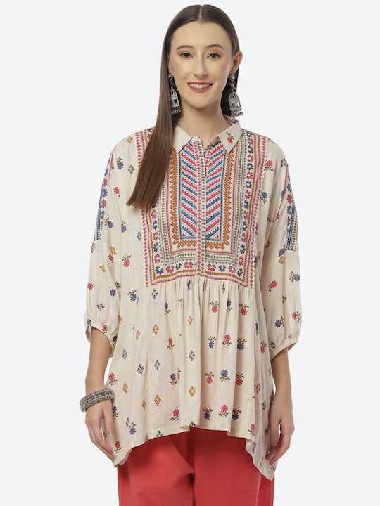 Biba Beige & Pink Floral Printed Shirt Collar Pleated Kurti