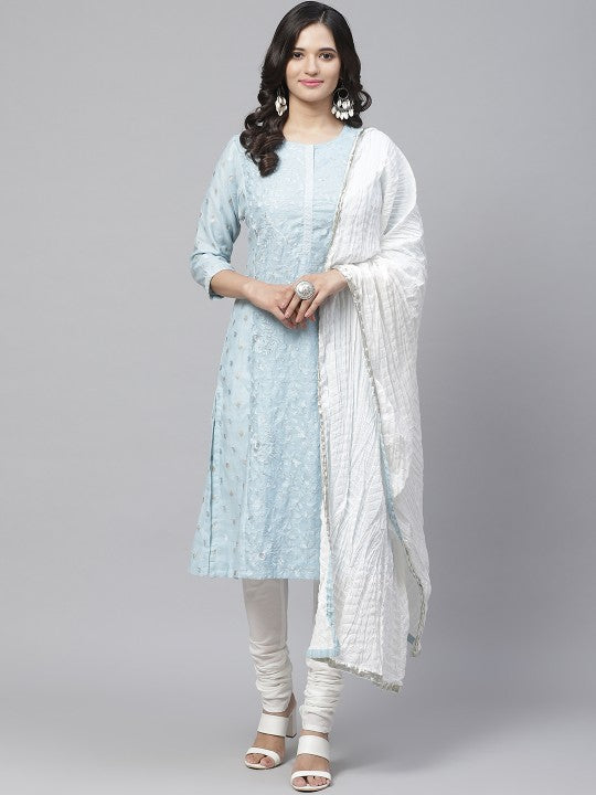 Biba Women Blue & White Embroidered Kurta with Churidar & Dupatta