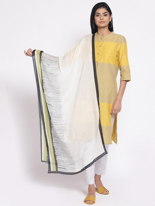 W White & Green Printed Viscose Rayon Dupatta