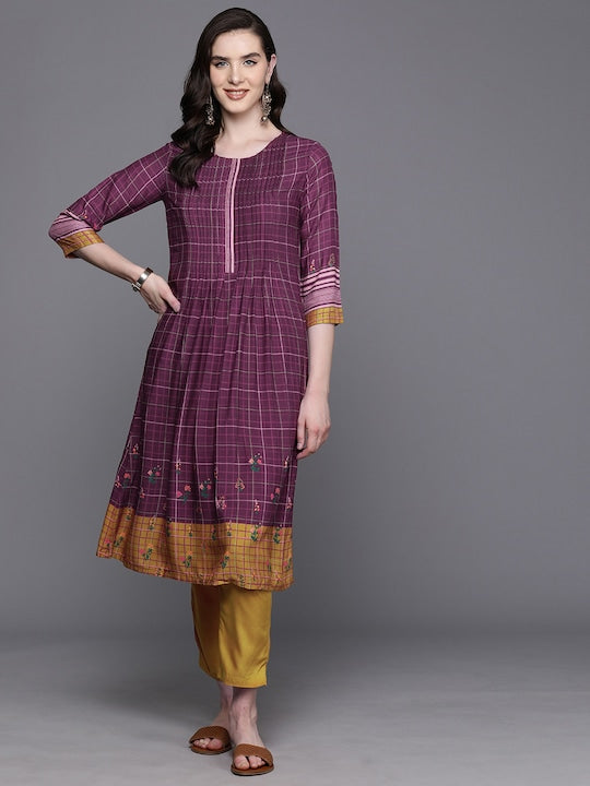 Biba Checked Pleated Kurta with Trousers