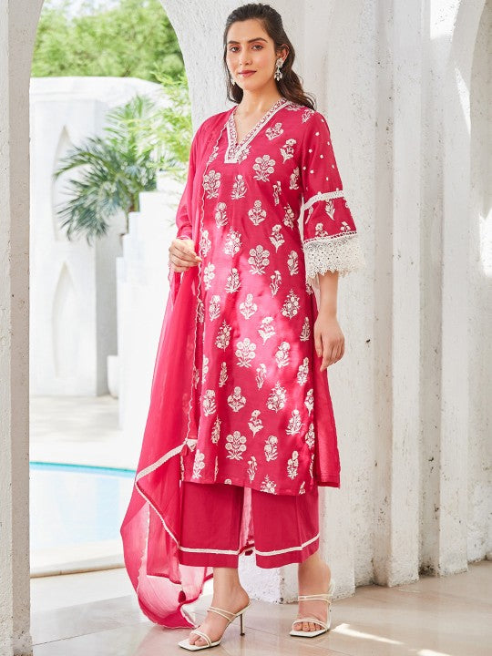 Biba Floral Embroidered Straight Kurta With Palazzos & Dupatta