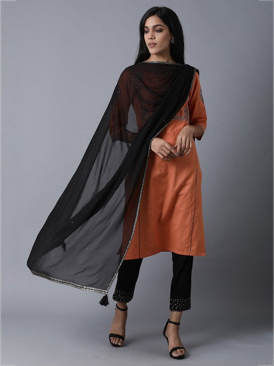 W Black Solid Dupatta with Sequinned