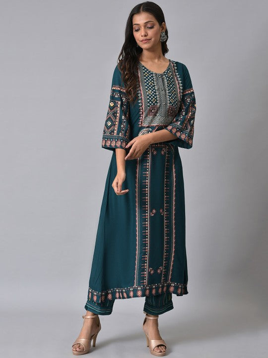 W Ethnic Motifs Printed Beads and Stones Work Straight Kurta with Trousers