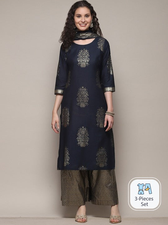 Biba Ethnic Motifs Printed Straight Kurta With Palazzos & Dupatta