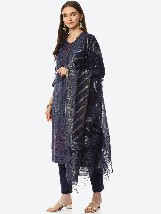 Biba Women Blue Ethnic Motifs Printed Kurta with Trousers & With Dupatta